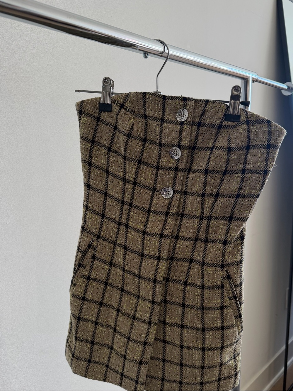 Ganni Plaid Tweed Button-Front strapless top in Beige & Black